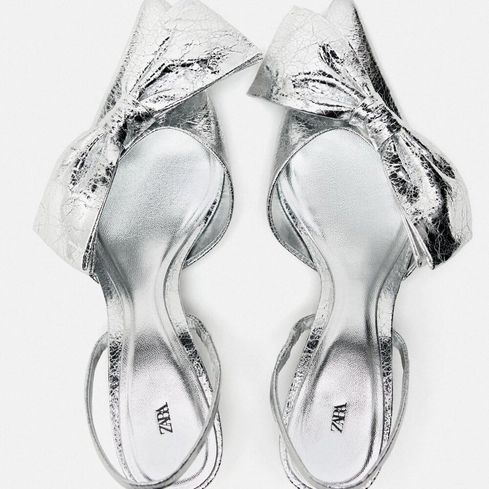 ZARA BOW TRIM METALLIC KITTEN HEEL SHOES